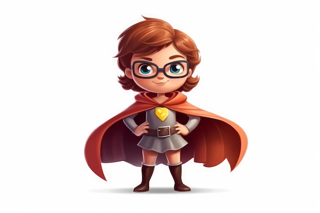 Little girl character wearing a superhero cape on white background AI generated