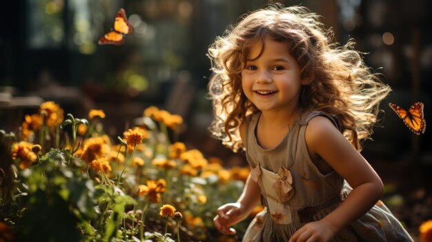 Little girl chasing vibrantcolored butterflies in a sunlit garden