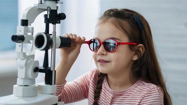 Photo little girl checking up her sight at ophthalmology center