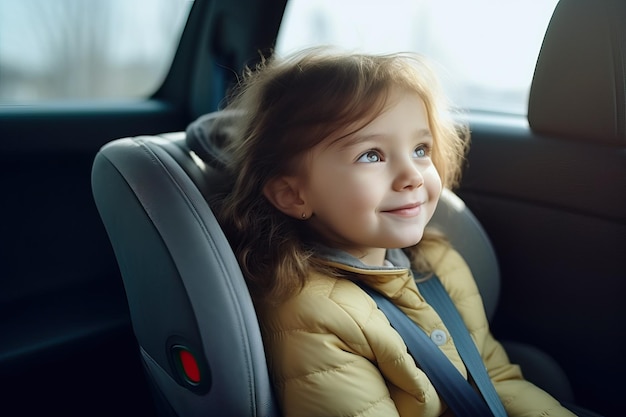 어린이 자동차 좌석 에 있는 어린 소녀 안전 한 자동차 타기