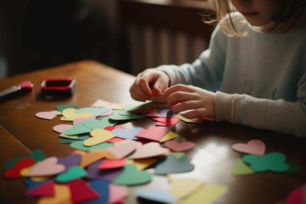 紙のハートを切り抜いて母の日のグリーティング カードを作る小さな女の子の生成 AI