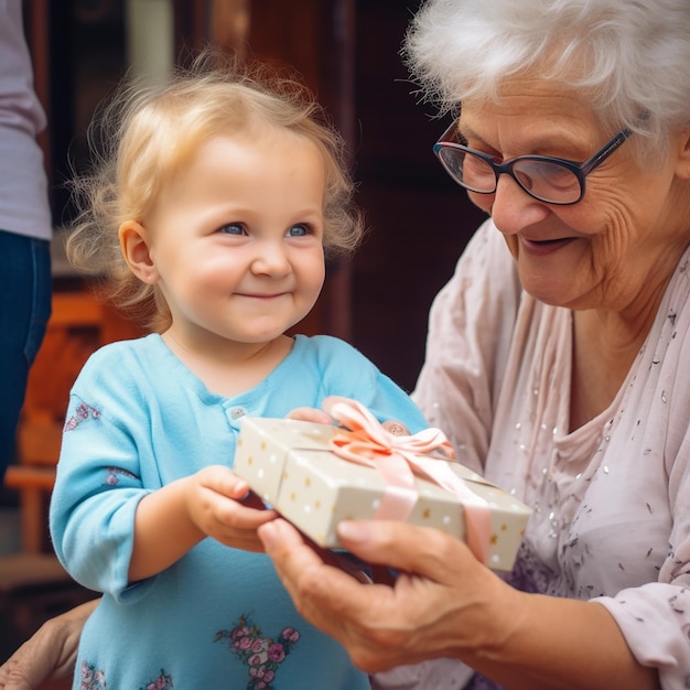 Little girl a child gives an elderly woman grandmother gift both persons smile friendship love