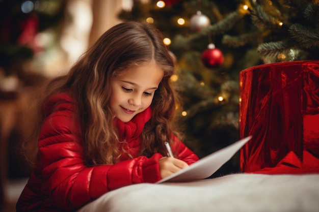 little girl child wearing red coat smiling writing a letter to Santa