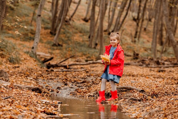 A little girl in a coat and red rubber boots walking in the autumn forest. High quality photo