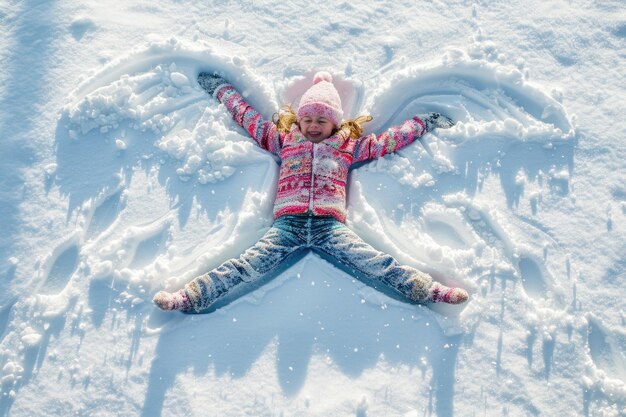 色とりどりの服を着た小さな女の子が冬の不思議の国で雪の天使を作り寒さで楽しんで遊んでいます