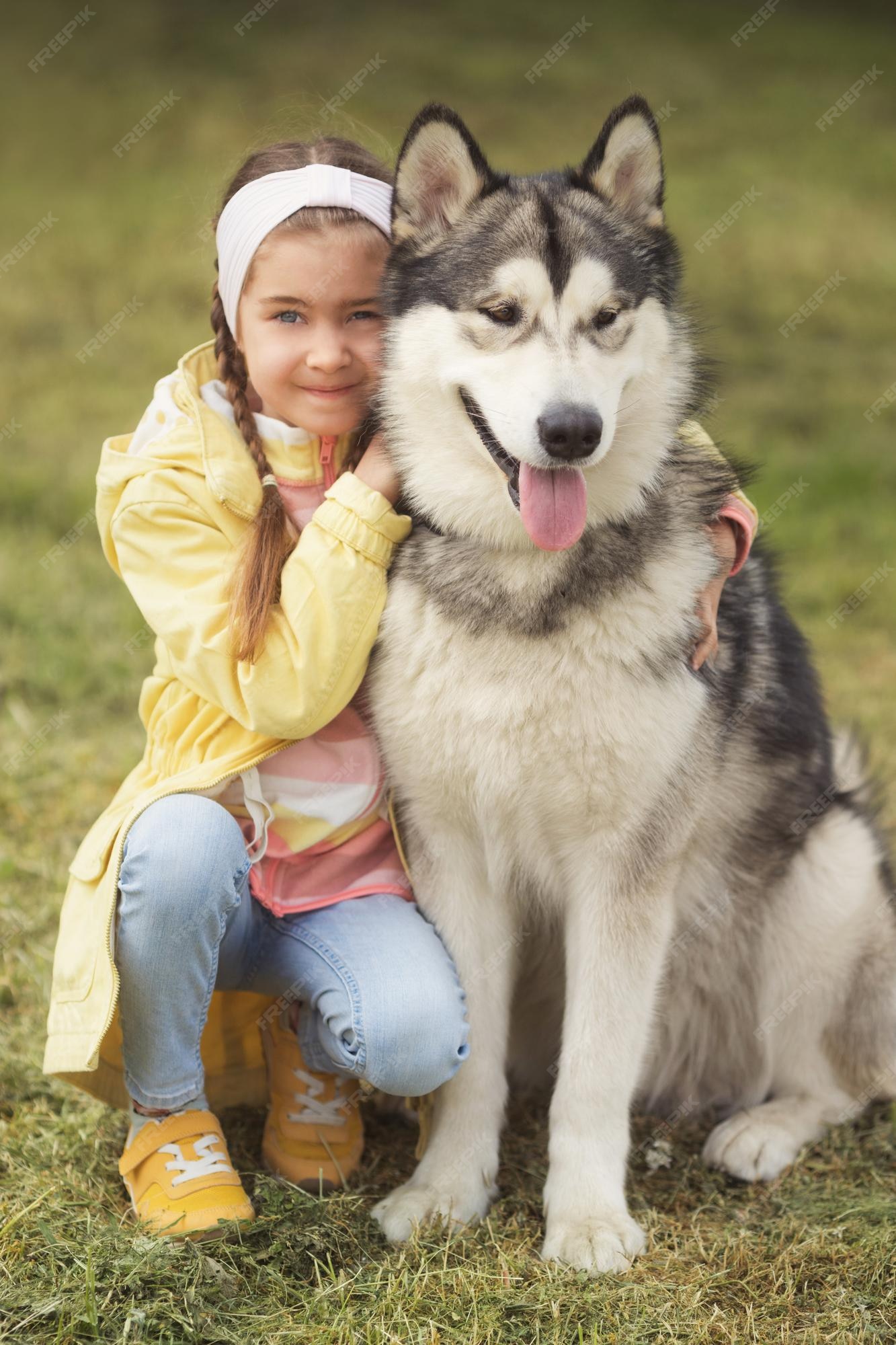 Premium Photo | Little girl in colorful clothes with her pet funny friend malamute  alaskan dog
