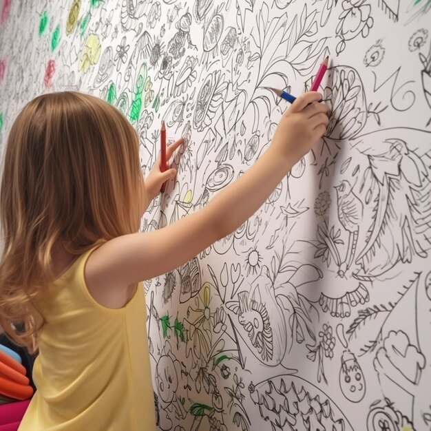 Little girl coloring on the wall