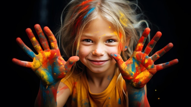 Little girl and colors on handportrait