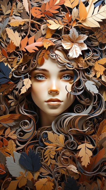 a little girl covered in autumn leaves