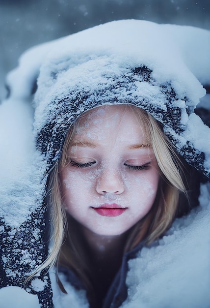 A little girl covered in snow with her eyes closed