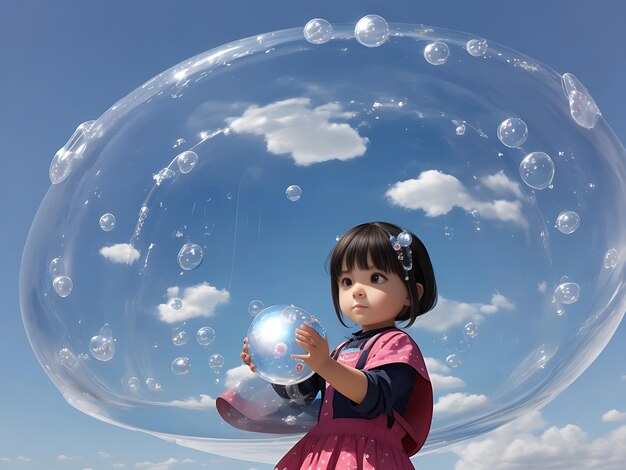 A little girl creating bubble balls