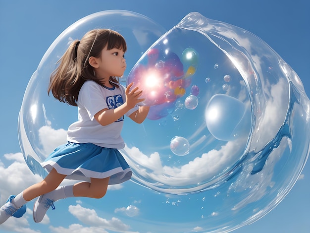 Маленькая девочка лепит шарики из пузырей.