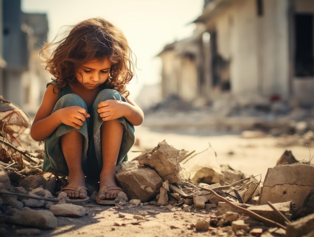 A little girl cries in the ruins of a house destroyed by a missile