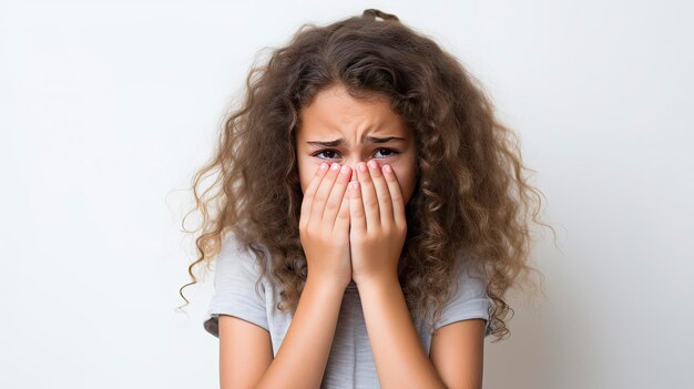 A little girl crying on white background