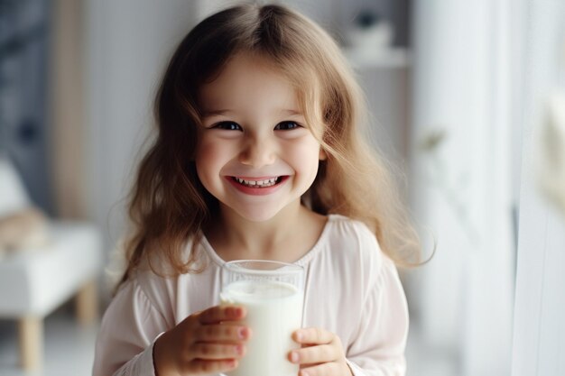 A little girl cute kid holding a cup of milk feel happy enjoy drinking milk in kitchen