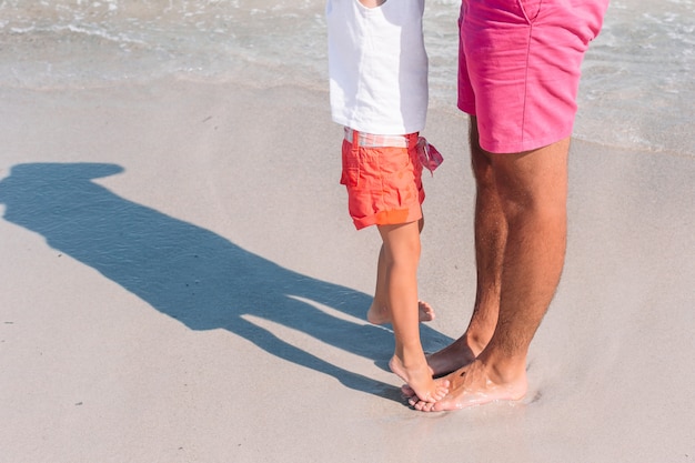 Little girl and dad having fun during beach vacation