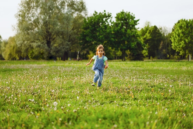 Bambina su un campo di tarassaco, al tramonto, bambino felice emotivo.