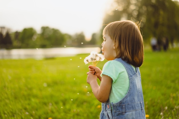 little girl on a dandelion field, at sunset, emotional happy child.