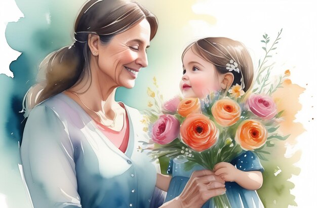 Little girl daughter giving her mom flowers watercolor concept of Mother39s Day woman39s day