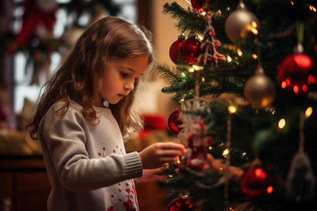 Little girl decorating the christmas tree