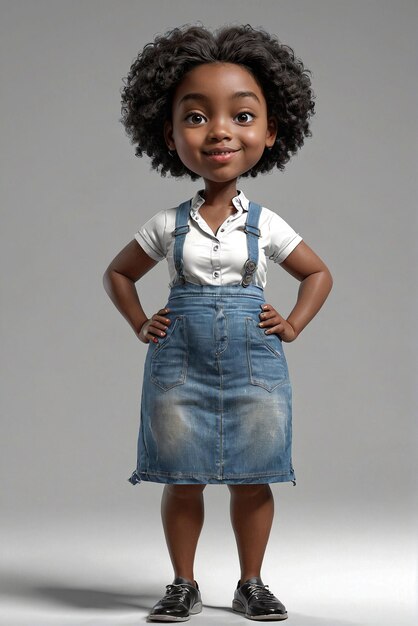 a little girl in a denim skirt and white shirt