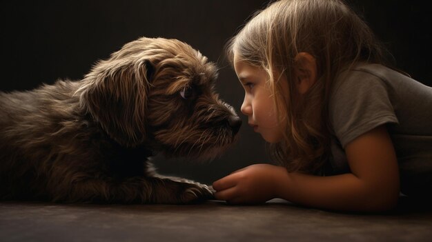 a little girl and a dog are looking at each other.