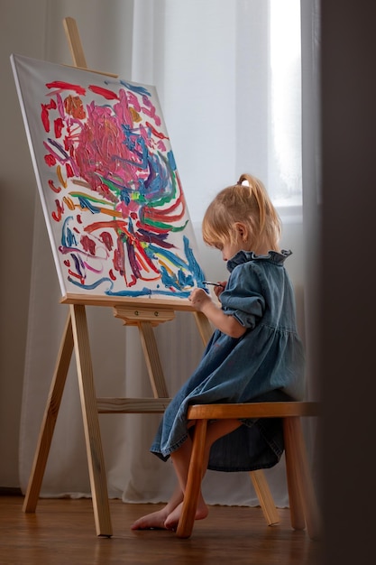 little girl drawing a picture on canvas on an easel