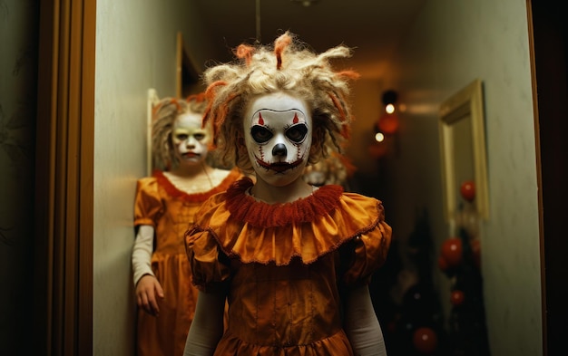 Little girl dressed as a creepy clown inside the house for Halloween