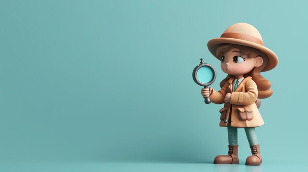 Little girl dressed as an explorer holding a magnifying glass Looking for new adventures Isolated on a blue background 3D rendering