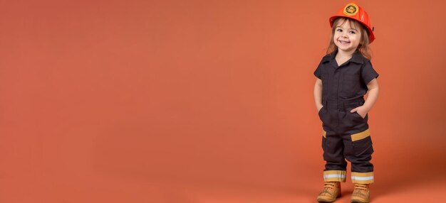 a little girl dressed as a fire fighter stand in front of orange background