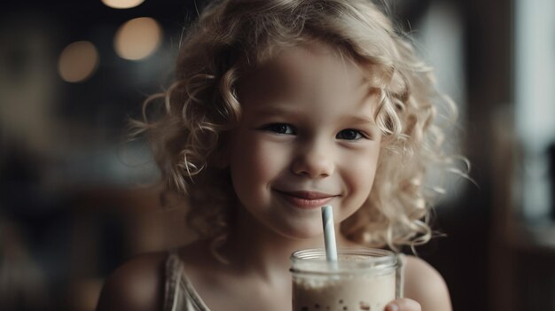 A little girl drinking a glass of iced coffee.