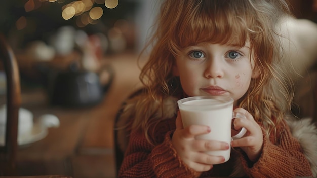 Little girl drinking milk at home soft focus