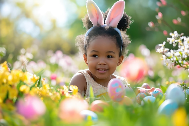 A little girl at Easter with Easter eggs