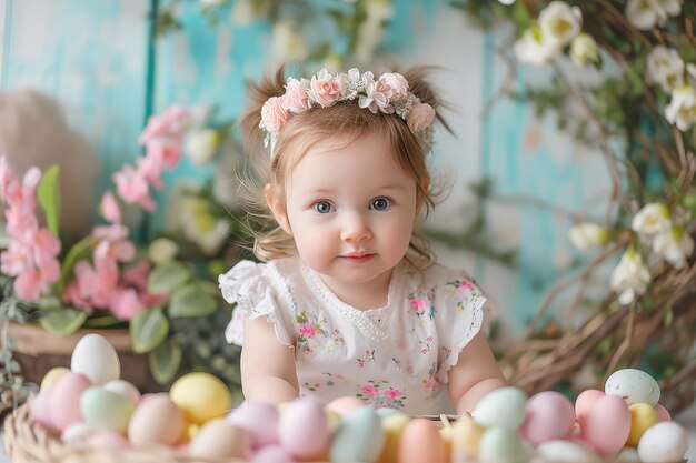 A little girl at Easter with Easter eggs