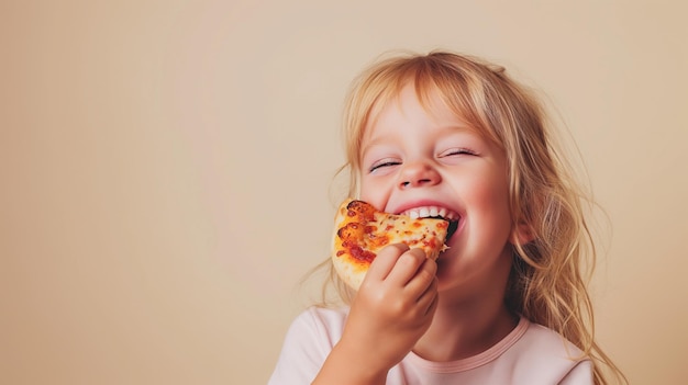 Little girl eating pizza Happy child with slice of pizza on beige background