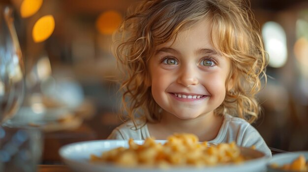 Foto piccola ragazza che mangia a tavola