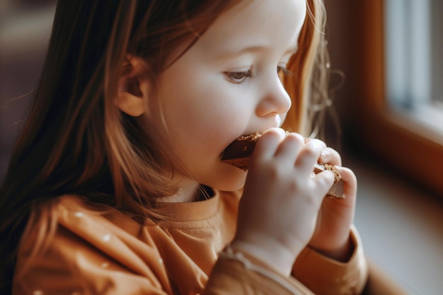 Маленькая девочка ест шоколадный батончик нездоровые детские закуски
