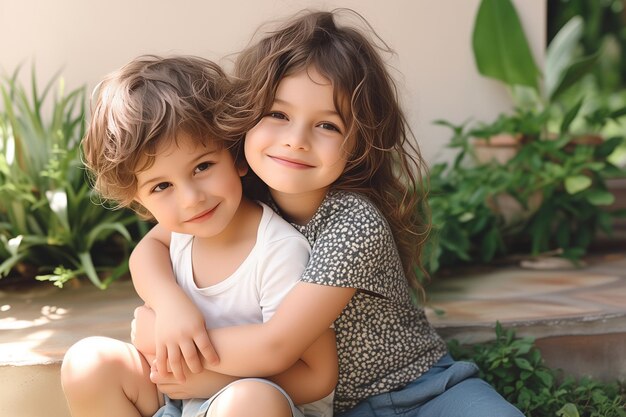 Photo little girl embracing brother outside at home