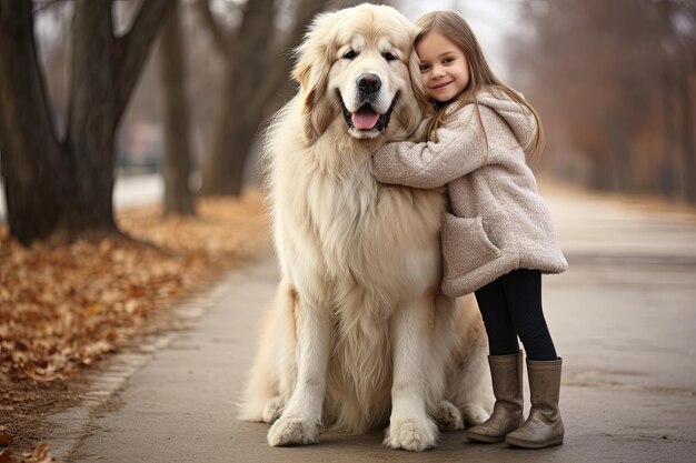 Little girl embracing her best frirng a big dog during outdoor walk Love to pets concept They standing together and looking at camera