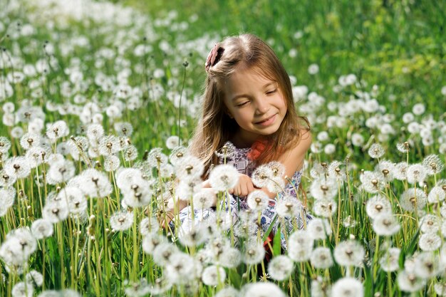 Little girl enjoy Dandelions on field or green meadow in spring sunny day.