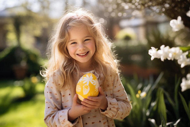 Little girl enjoying Easter egg hunt in the sunshine