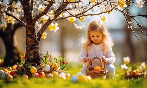 Little Girl Enjoying Natures Bounty With a Colorful Basket of Easter Eggs