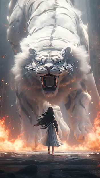 A little girl facing a monster white tiger