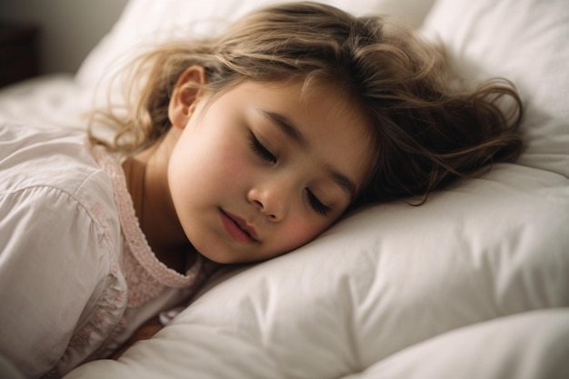 Little girl falls asleep in bed on white pillow ar c