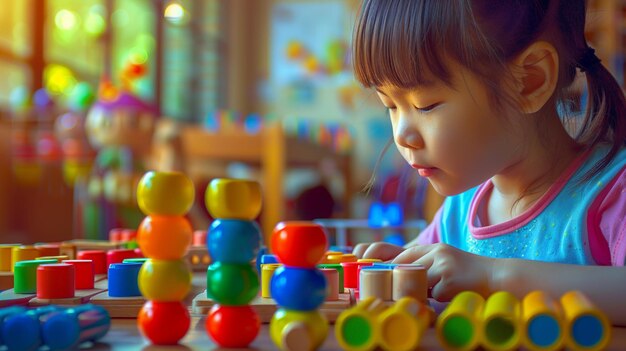 A little girl fantasizes while playing with wooden blocks in the classroom