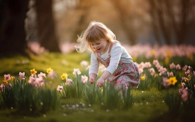 A little girl in a field of daffodils