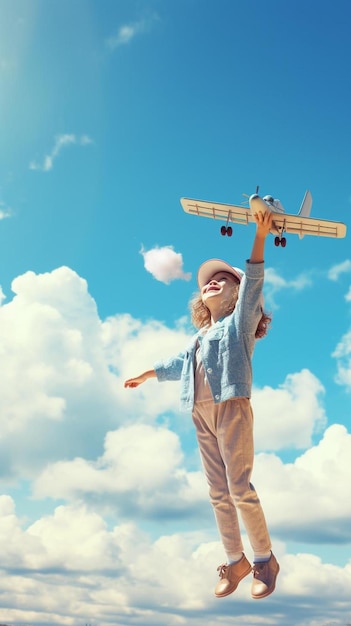 a little girl flying a toy airplane in the air