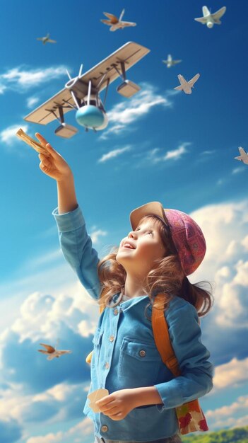 a little girl flying a toy airplane in the sky