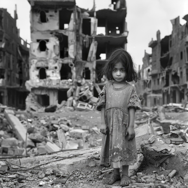 Little girl in front of warravaged buildings Conflict AI generative