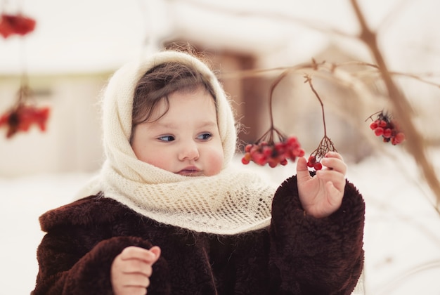 Little girl in a fur coat and a scarf in the winter in nature looks at the berries of a rowan. Winter walk